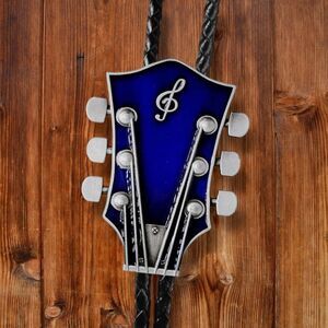Blue Enamel Guitar Silver Bolo Tie - Edgy Western Chic & Unisex NWT